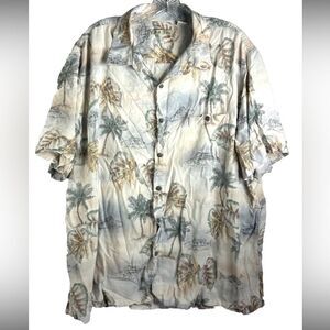 Batik Bay Button Up Hawaiian Shirt Mens XXL beige green Floral Short Sleeve Camp